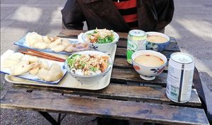 Vegetarian dumplings, ricenoodles, soup and coconut water at Fengsson Dumpling House in Lund