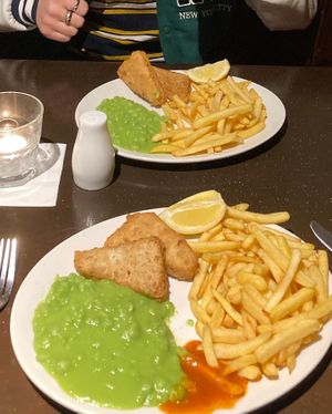 Vegan ‘fish’, chips and mushy peas. Piping hot and very tasty.  at Mod's Vegan Cafe at the Thirsty Scholar in Manchester