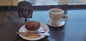 Vegan buckwheat banana muffin and tea at Crema Coffee House & Pastries in Wasilla