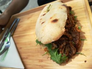 Pulledshroom burger at Jimmy'Z Vegan in Budapest