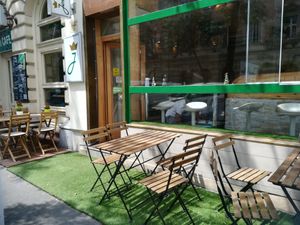 Outside sitting 2 at Jimmy'Z Vegan in Budapest