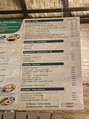 Menu at Jimmy'Z Vegan in Budapest