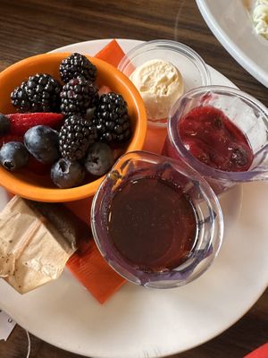 Berries, jam, vegan butter, and syrup for pancakes   at Hen House Eatery in Minneapolis