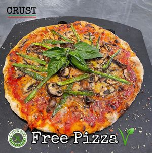 Everyday CRUST offers FREE PIZZA! Yes GLUTEN & DAIRY FREE & 100% VEGAN! Shown GF/DF crust, organic red sauce, vegan mozzarella, local shitake and cremini mushrooms, hot green peppe at Crust in Pittsfield