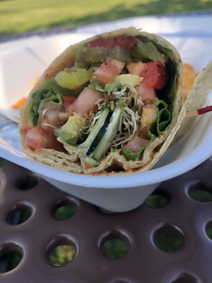 Veggie wrap. No cheese, no Mayo, add hummus  at Beyond Juice in Park Rapids