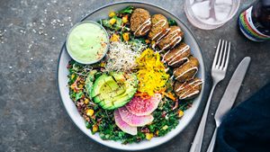 California Bowl
Black rice, corn, kale, chipotle vinaigrette, golden krauts, alfalfa sprouts, watermelon radish and hemp seeds. Served with falafel and avocado sauce.  at Fafelle in Stockholm
