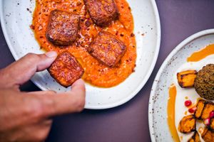 Fried Cheese
Warm air-fried cheese, muhammara och Aleppo pepper at Fafelle in Stockholm