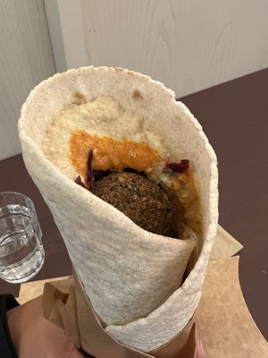 The “warm wrap”- cold wrap, warm falafel, just OK.   at Fafelle in Stockholm