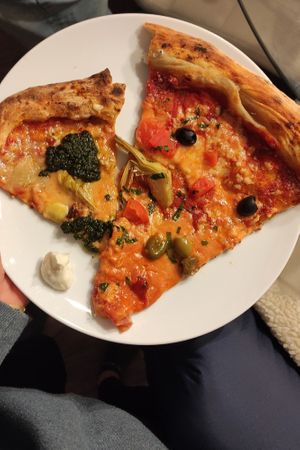Big Vs regular slice vegan pizza at Fat Toni's Pizzeria in Stroud