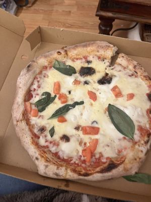 Pesto pieces pizza with extra mozzarella !  at Fat Toni's Pizzeria in Stroud