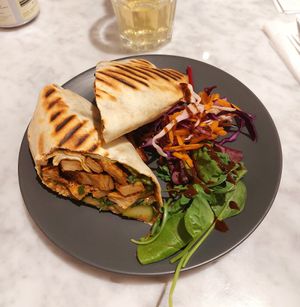 Hoisin Duck Wrap with Heura strips at Kafé Plattan in Stockholm