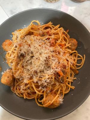 Spaghetti with vegan meatballs, a dish off of the weekly menu! at Kafé Plattan in Stockholm