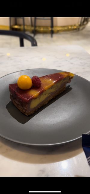 Mango raspberry cheesecake  at Kafé Plattan in Stockholm