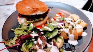 Pulled Jackfruit Burger with Potato Salad at Kafé Plattan in Stockholm