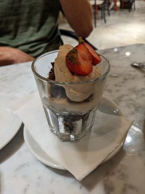 Chocolate brownie with espresso cream at Kafé Plattan in Stockholm