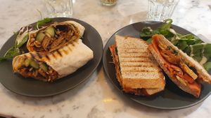 Teriyaki-wrap and Sandwhich with tofu+ kimchi at Kafé Plattan in Stockholm