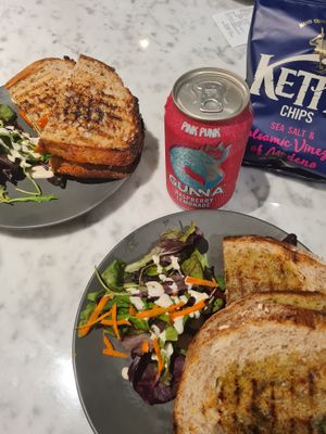 Walnut pesto & tofu banh my sandwich  at Kafé Plattan in Stockholm