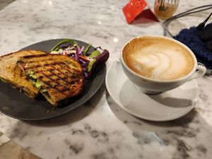 Walnut pesto sandwich and an oat milk latte. I wish I got a picture of the chickn teriyaki sandwich, it was amazing at Kafé Plattan in Stockholm