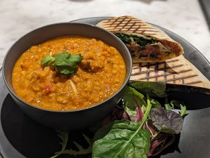 Red lentil soup and Philly cheese steak wrap at Kafé Plattan in Stockholm