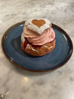 Valentine fruit semla  at Kafé Plattan in Stockholm
