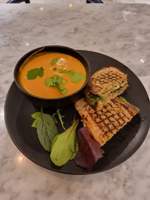 Cream soup and pesto sandwich at Kafé Plattan in Stockholm