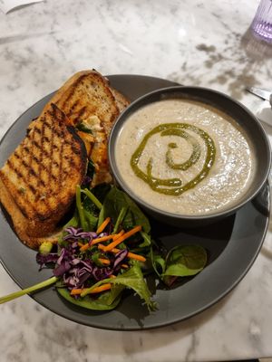 Cauliflower soup and a sandwich at Kafé Plattan in Stockholm