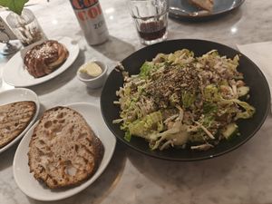 Caesar salad with bread at Kafé Plattan in Stockholm