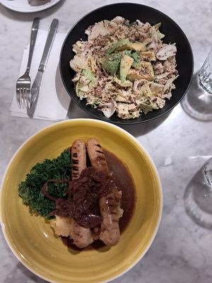 Avocado caesar salad & bangers and mash at Kafé Plattan in Stockholm