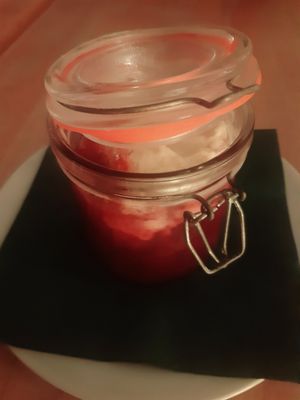 Vegan vanilla pudding with plum compot, a rather rare find among vegan options, especially in a small town like this ❤ at Café Miche in Diekirch