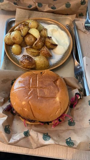 Potato’s with one of the vegan burgers   at Plant Food in Aarhus