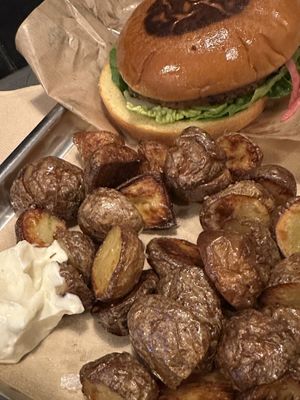 Great potatoes and burger with delicious vegan mayonnaise   at Plant Food in Aarhus