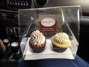 Salted caramel and a peach cupcake at Bella Bella Cupcakes in Silverdale