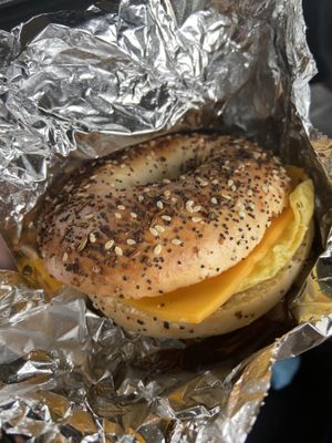 Vegan egg & cheese on an everything bagel  at Summit Coffee Co. in Fairbanks