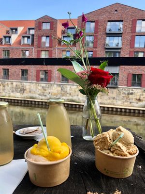 Enjoying ice cream with a nice view  at Calluna Eispatisserie in Lueneburg
