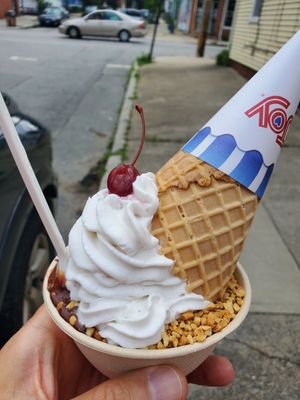 Soft served Vanilla Sundae, w/caramel, hot fudge, whipped cream and nuts. Delicious!!!! at Like No Udder in Providence