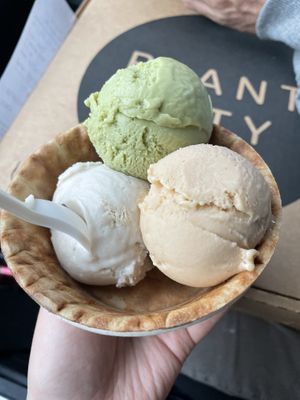 Cookie dough, matcha, and eggnog in a waffle bowl at Like No Udder in Providence