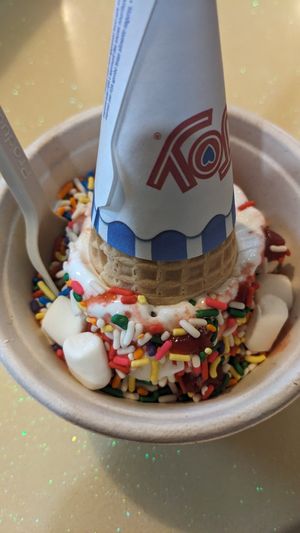 Vanilla soft serve with strawberry sauce, sprinkles and marshmallows at Like No Udder in Providence