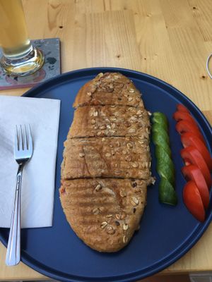 Tofu and vegan sausage toasted sandwich (1st item on menu).  at Pumpkin Cafe in Antalya