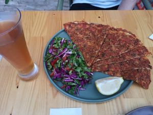 Kombucha and lahmacun at Pumpkin Cafe in Antalya