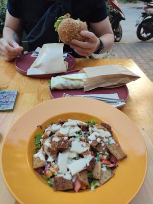 Temple salad, tempe roll, vegan burger at Pumpkin Cafe in Antalya