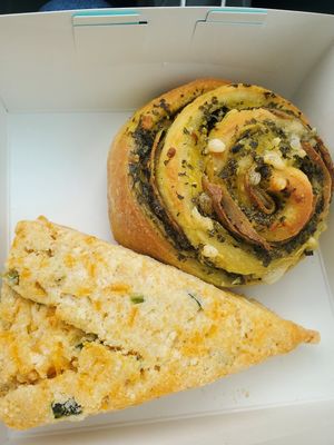 Jalapeño cheeze scone and life changing turkey pesto roll! Sundays only as of now at Baked Vegan Sweets in Long Beach