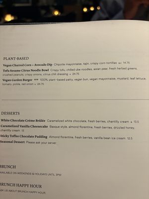Three items on plant-based menu, 11/5/24  at Earls Kitchen + Bar in Boston