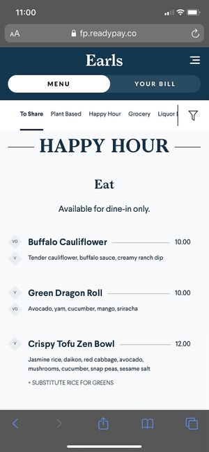Plant based happy hour Monday-Friday  at Earls Kitchen + Bar in Boston