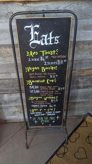 Vegan options on sign board at FeelLove Coffee in Springdale