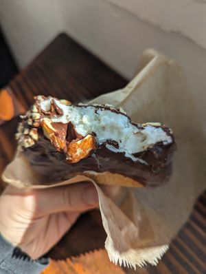 taco with coconut ice cream, dark chocolate, almonds at Rocko's Ice Cream Tacos in Santa Clara