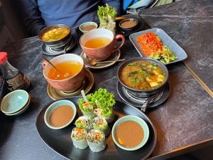 Different Starters: Summer rolls, soup, Gyoza and Jasmine Tea at Buddha Kitchen in Neu-ulm