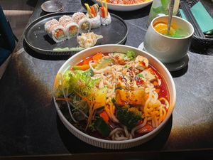 Udon noodles with Tofu and Sushi vegan Rainbow Roll at Buddha Kitchen in Neu-ulm