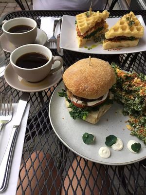 Burger and chipotle bacon waffle sandwich  at Cafe My House in Ottawa