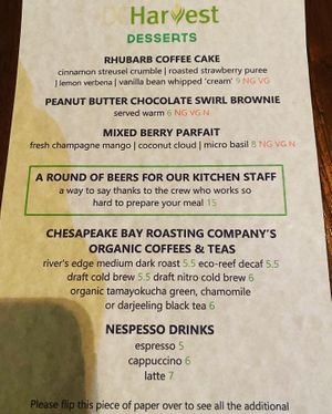 Dessert menu   at DC Harvest in Washington