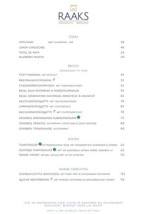 Menu with vegan options at Raaks in Den Burg